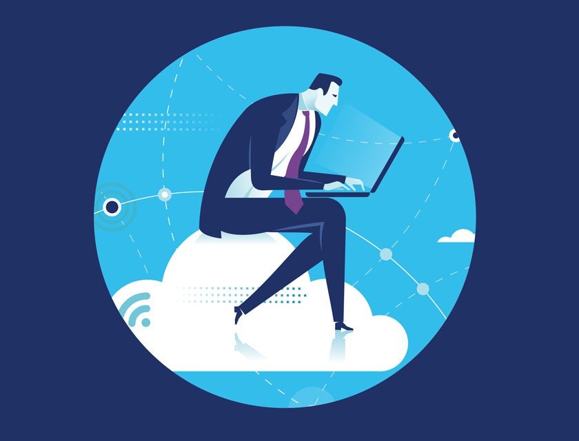 Illustration of a man in a business suit sitting on a cloud typing on a laptop