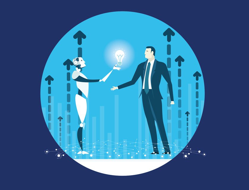 Illustration of a robot giving a lightbulb to a man in business suit