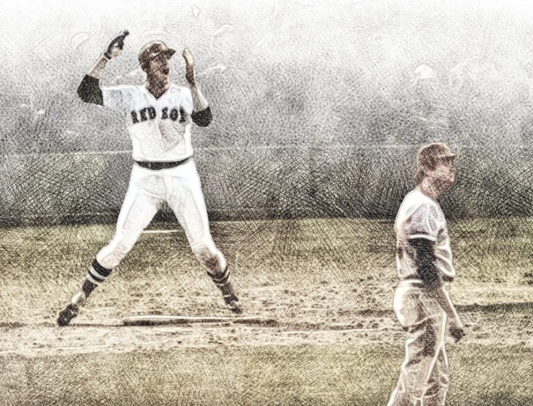 Illustration of the iconic moment when Boston Red Sox’s Carlton Fisk waved his 12th-inning home run fair during Game 6 of the 1975 World Series—one of the most memorable images in sports history, despite the Cincinnati Reds ultimately winning the series.
