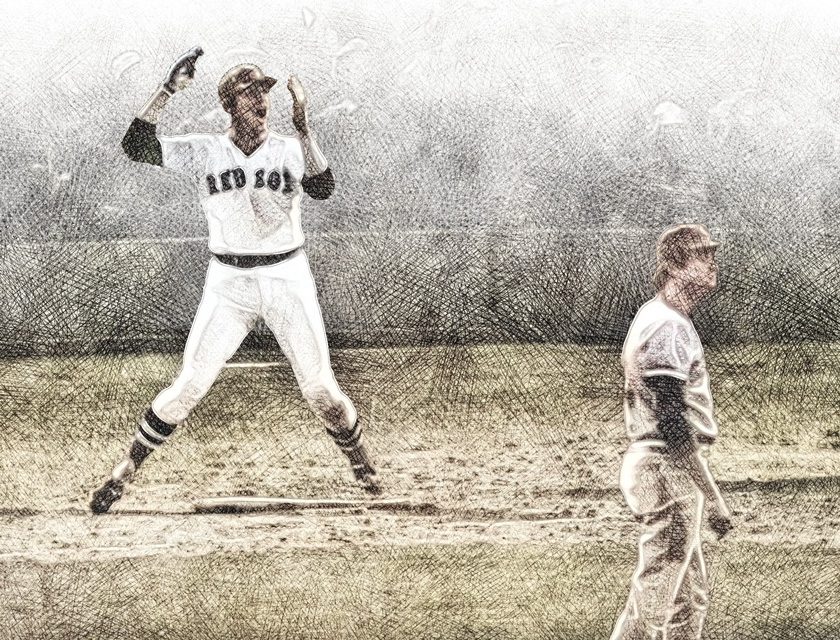 Illustration of the iconic moment when Boston Red Sox’s Carlton Fisk waved his 12th-inning home run fair during Game 6 of the 1975 World Series—one of the most memorable images in sports history, despite the Cincinnati Reds ultimately winning the series.