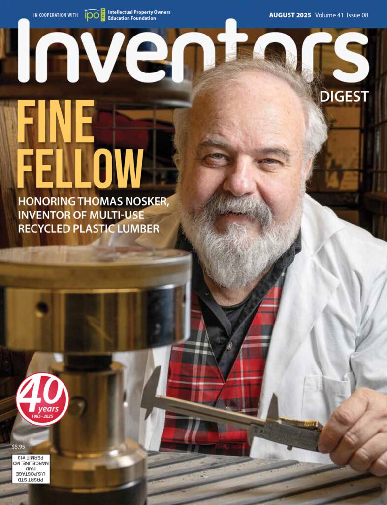 Inventors Digest's August 2025 cover with a photo of Thomas Nosker, the inventor of multi-use recycled plastic lumber