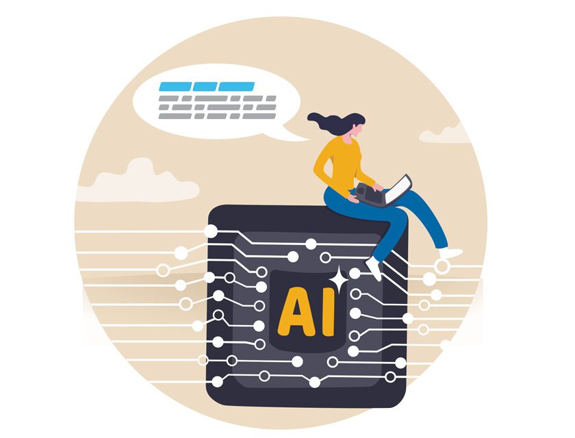 A woman works with a computer laptop on an AI artificial intelligence chip.