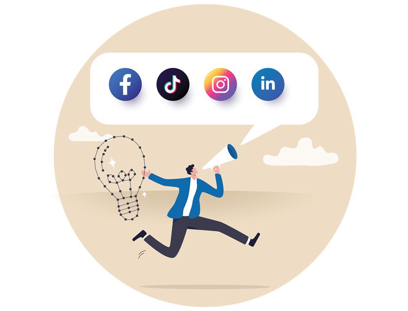 Illustration of a man with a megaphone and a light bulb announcing Facebook, Twitter, Instagram, and LinkedIn icons