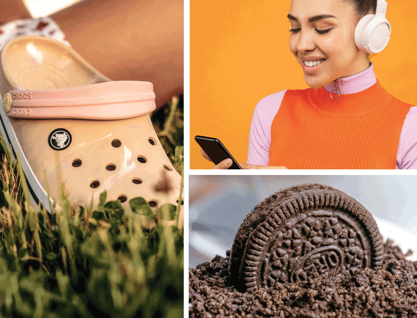 Photo of crocs, a lady on a cell phone with headphones on and an Oreo cookie