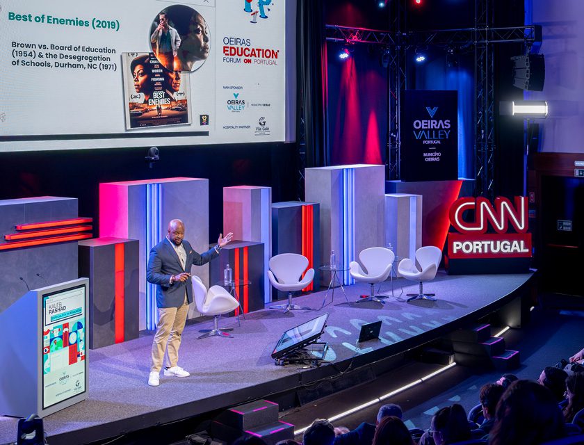 Kaleb Rashad speaking on stage at CNN Portugal