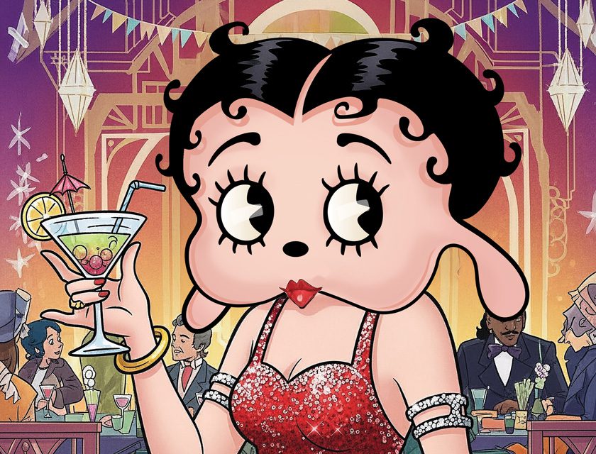 Stylized illustration of a 1930s Betty Boop cartoon character in a red flapper dress holding a martini glass in an Art Deco–style cocktail lounge.