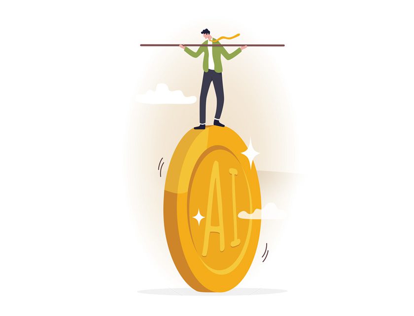 Illustration of a person balancing on a coin labeled AI symbolizing risks and rewards of artificial intelligence
