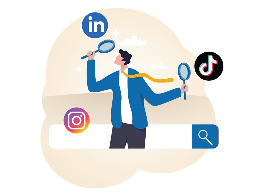 Illustration of a person searching online with LinkedIn, Instagram, and TikTok icons representing social media discovery
