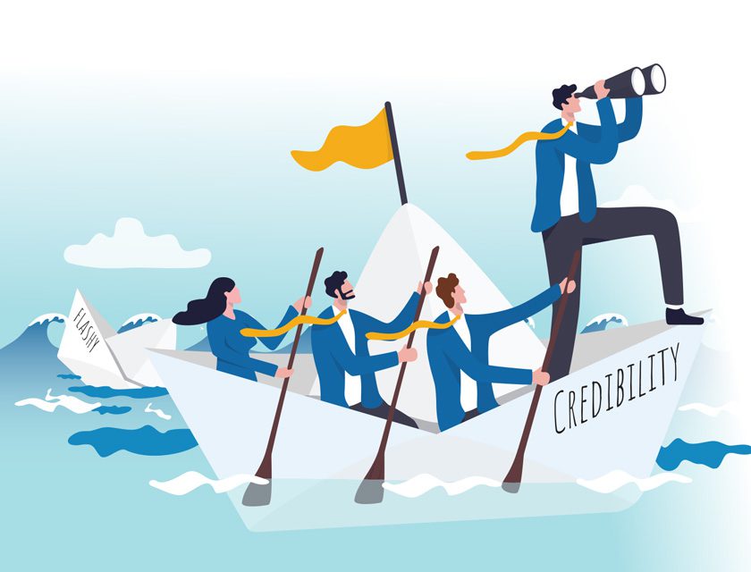Inventors rowing a boat labeled credibility while flashy trends sink in the background, symbolizing trust over hype in social media marketing