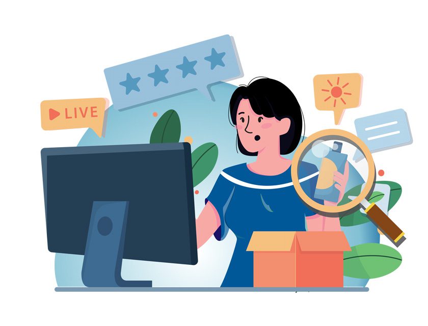 Woman reviewing a product at a computer with magnifying glass, ratings, and live video icons
