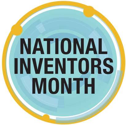 Graphic logo for National Inventors Month featuring layered blue circular shapes, gold border accents, and bold black typography centered inside the design.