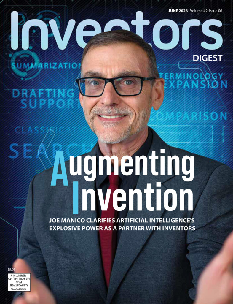 Joe Manico on the cover of Inventors Digest June 2026, featuring a story about artificial intelligence as a partner for inventors.