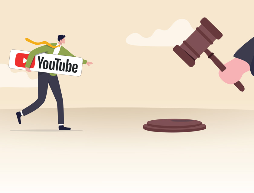 Illustration of YouTube facing legal scrutiny, featuring a judge’s gavel and a person carrying the YouTube logo.