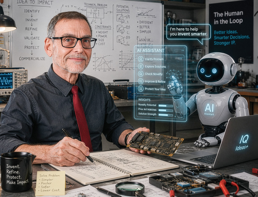 Joe Manico using an AI assistant to evaluate invention ideas, search prior art and refine product concepts in a research lab