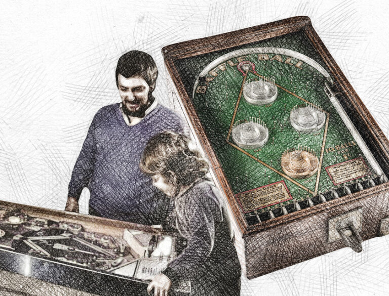Illustration of two people playing pinball beside an early tabletop pinball machine with a spring-loaded ball launcher.