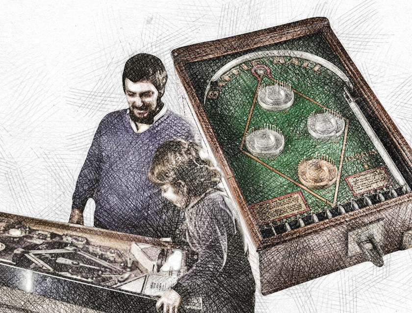 Illustration of two people playing pinball beside an early tabletop pinball machine with a spring-loaded ball launcher.
