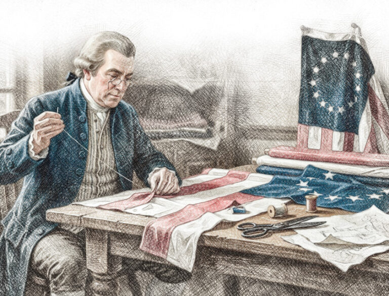 Illustration of Francis Hopkinson sewing an early American flag with stars and stripes at a wooden worktable.