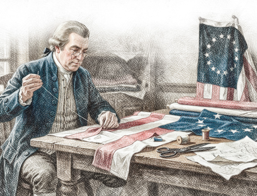 Illustration of Francis Hopkinson sewing an early American flag with stars and stripes at a wooden worktable.