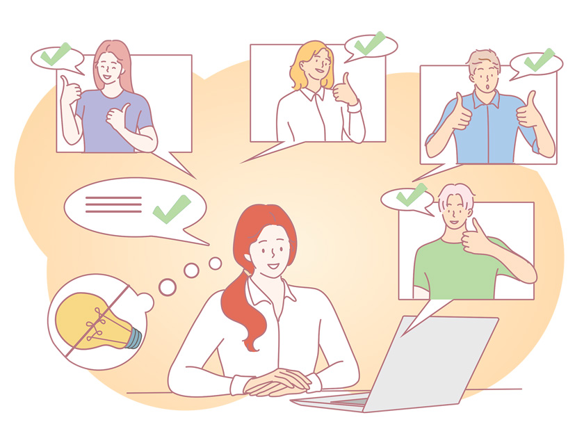 Illustration of an inventor using social media while maintaining privacy, with speech bubbles, positive interactions and protected ideas.