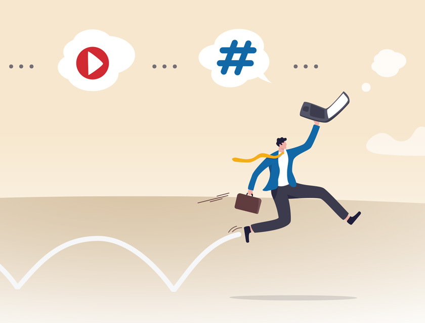 Illustration of an inventor with a briefcase skipping with a laptop above his head while navigating social media content.